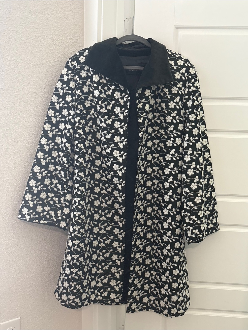 Louis Feraud Black & White Floral Coat - Women's Elegant Outerwear